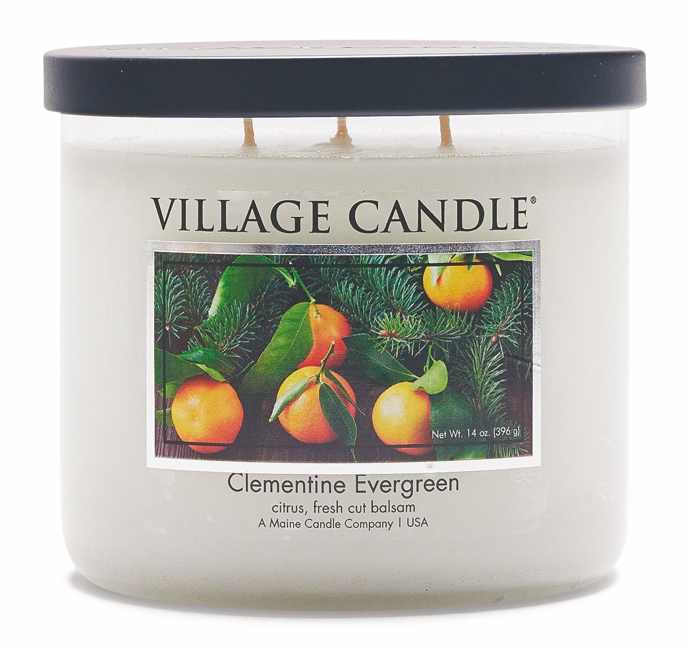 Clementine Evergreen Schale Schwarzer Deckel 14oz Village Candle
