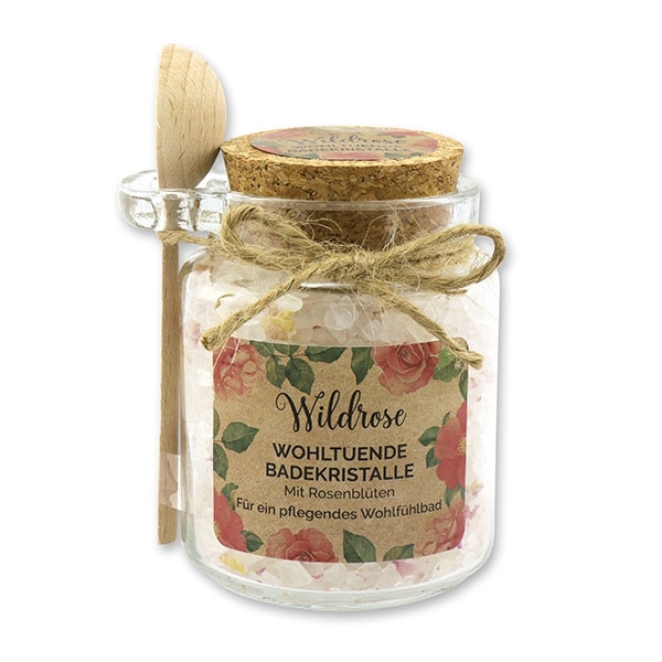 Badesalz 300g im Glas mit Holzlöffel "Wohlfühlzeit", Wildrose