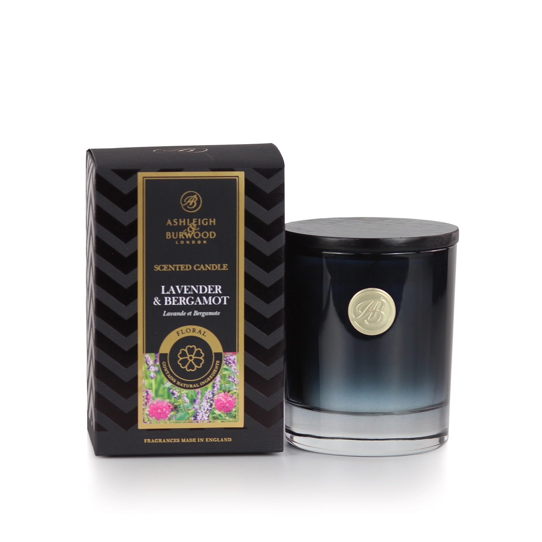 Lavender & Bergamot Signature Collection Duftkerze 140g mit elegantem schwarzen Holzdeckel