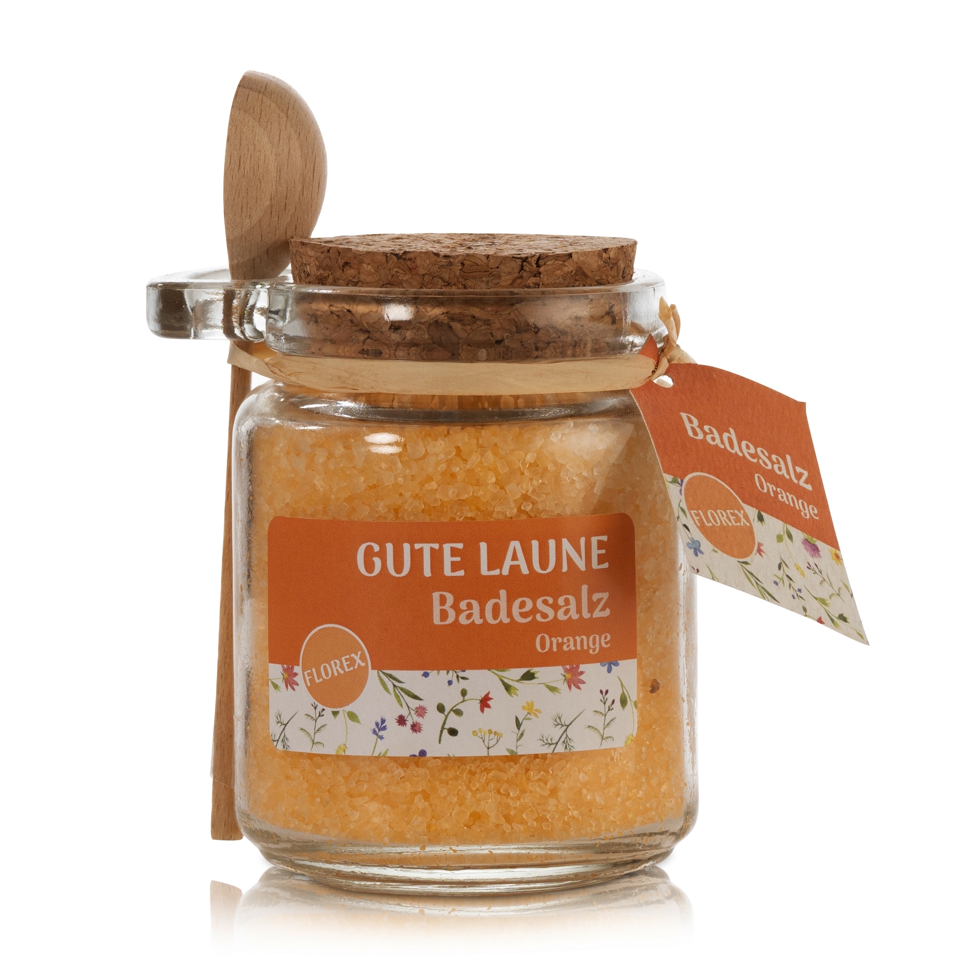 Badesalz Orange 300g "Gute Laune" im Glas mit Holzlöffel